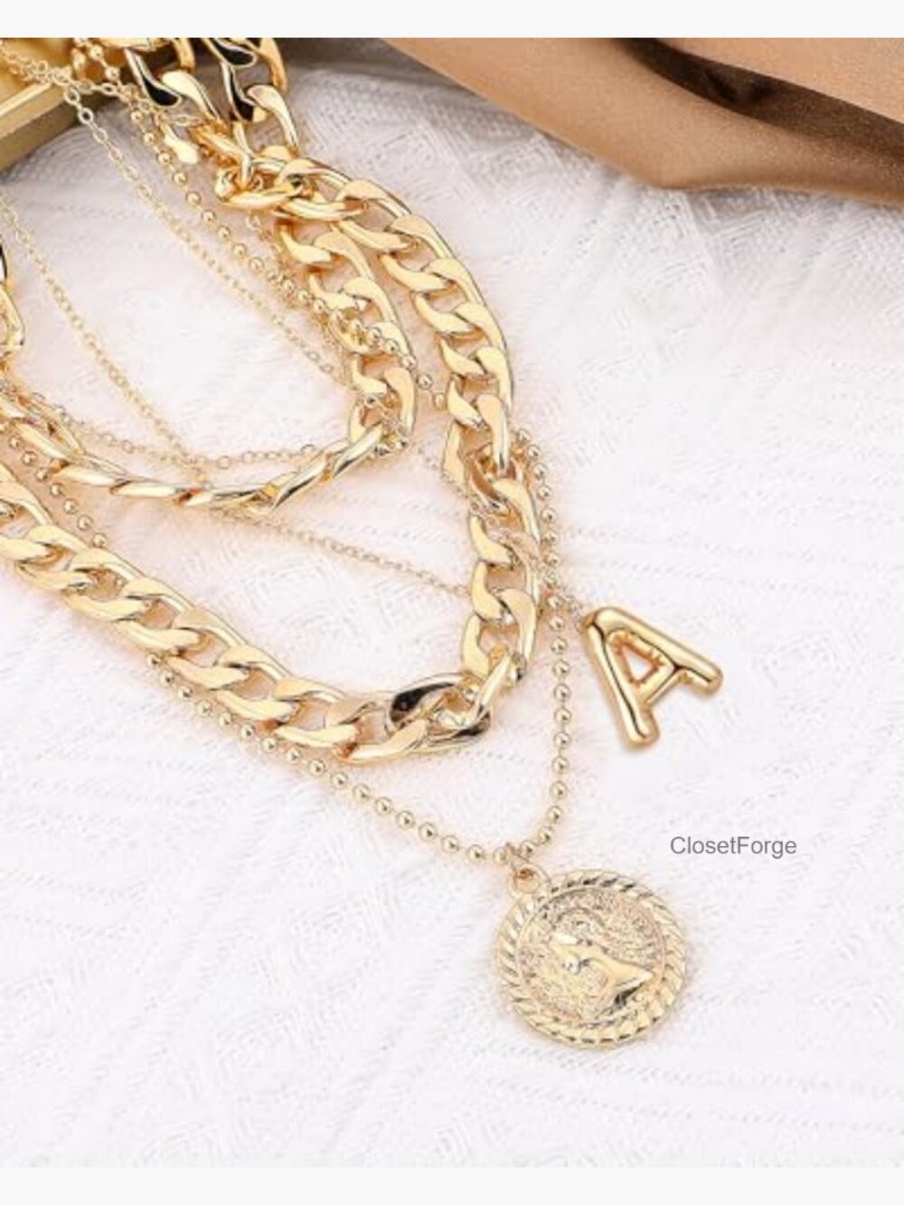 Layered Balloon Initial Coin Pendant Necklace Set 3-Chain Choker - Picture 4 of 7